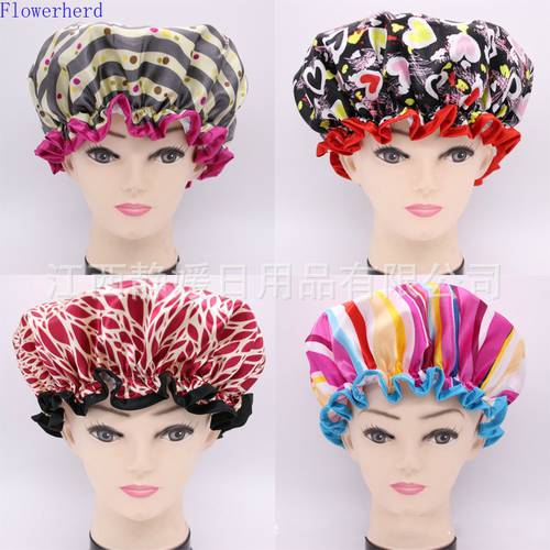 Printed Color Satin Cloth PEVA Ladies Shower Cap Adult Double Waterproof Shower Cap Hair Bonnet Dry Hair Shower Cap Turban