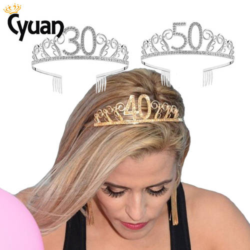 30 40 50 Birthday Party Decorations Adult Crystal Rhinestone Tiara Princess Crown Hairbands Accessories Happy 30 Year Decoration
