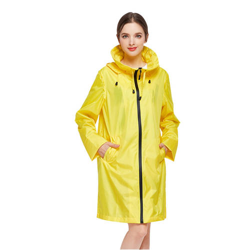 2019 new design fashion waterproof polyester women yellow long raincoat jacket hooded for ladies travel show raingear 3 colors