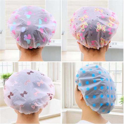 Cute cartoon shower bath cap women hat for baths and saunas lace elastic band cap spa cap women kids hair protective cap