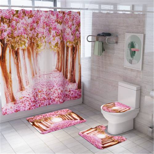 4Pcs/set Bathroom Mat Set Non-slip Sakura Scenic Bath Mat Coral Fleece Shower Curtain Floor Mat Washable Bathroom Toilet Rug