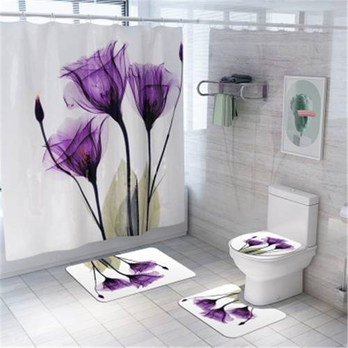 Non-slip Bathroom Mat Set Purple Lotus Bath Mat Coral Fleece Shower Curtain Floor Mat Washable Bathroom Toilet Rug