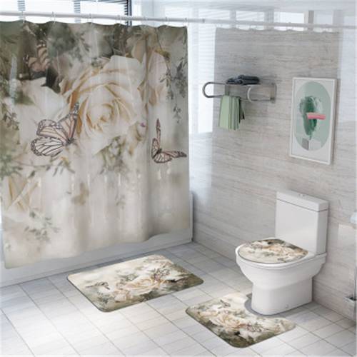 Bathroom Mat Set Non-slip Pastoral Sunflower Butterfly Bath Mat Shower Curtain Floor Mat Washable Bathroom Toilet Rug