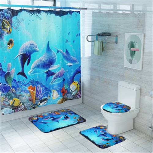 Anti-slip Bathroom Mat Set Dolphin Fish Bath Mat Coral Fleece Shower Curtain Floor Mat Washable Bathroom Toilet Rug