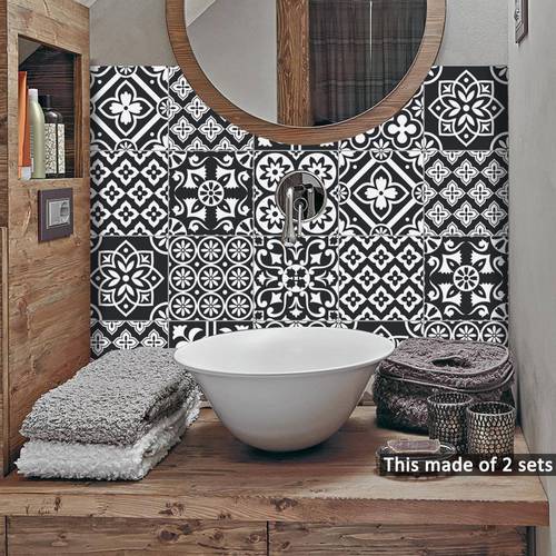 PVC White Black Moroccan Tile Kitchen Backsplash Bathroom Wall Sticker Waterproof,Vintage DIY Home Art Decoration Wall Decal