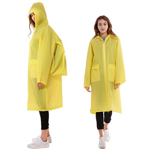 Four colors High quality Waterproof plastic EVA Zipper long men women raincoat Hooded Ladies Backpack pocket Rainwear coats