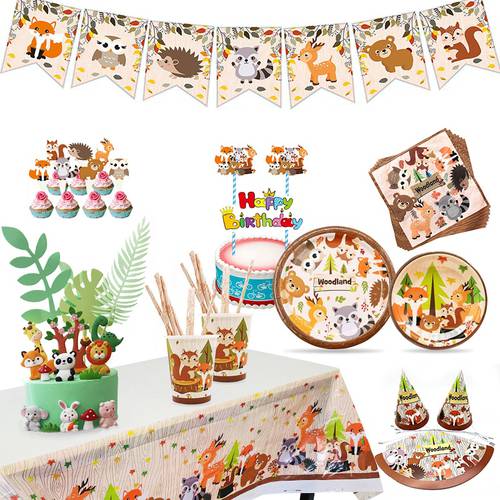New Forest Animal Series WOODLAND Zoo Forest Fox Lion Elephant Small Animal Birthday Party Disposable Cake Decoration Party Supp