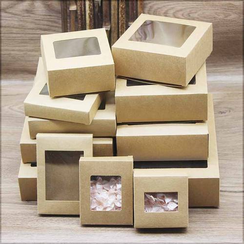 10Pcs DIY vintage kraft box with window paper Gift box cake Packaging For Wedding home party muffin packaging christmas gifts