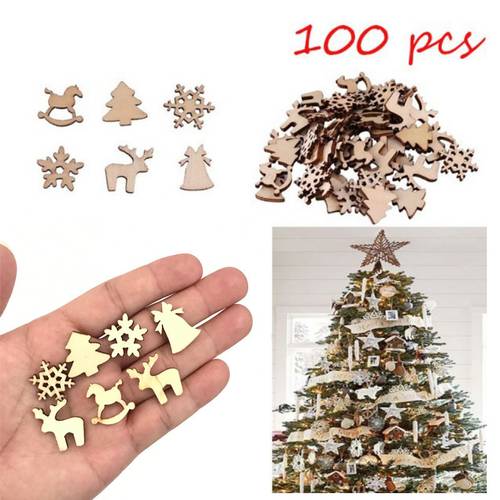100Pcs Wooden Christmas Decorations Mini Tree Ornaments Santa Claus Snowman Deer Xmas Party Decoration For Home New Year