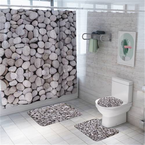 4Pcs/set Washable Non-slip Bathroom Toilet Rug Bathroom Mat Set Stone Bath Mat Coral Fleece Shower Curtain Floor Mat