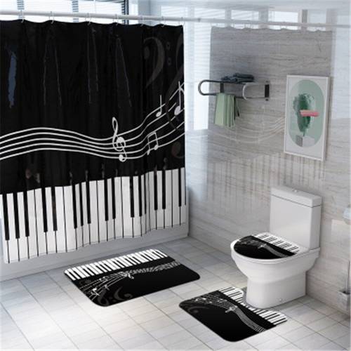 4Pcs/set Bathroom Mat Set Piano Musical Note Bath Mat Shower Curtain Non-slip Floor Mat Washable Bathroom Toilet Decoration Rug