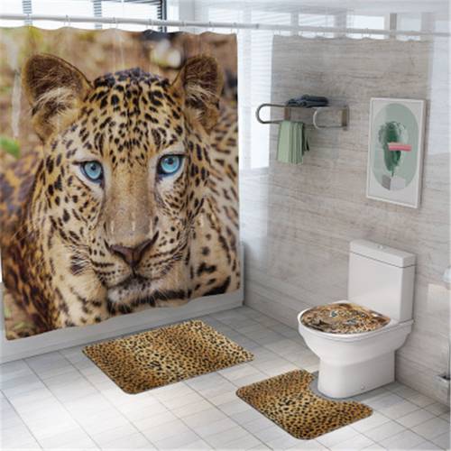 4Pcs/set Bathroom Mat Set Non-slip Digita Print Leopard Bath Mat Coral Fleece Shower Curtain Floor Mat Washable Toilet Rug