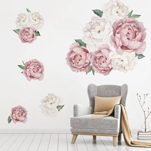 Pink White Watercolor Peony Flowers wall stickers for Kids Room Living Room Bedroom Home Decoration Wall Decal Home Decor Floral