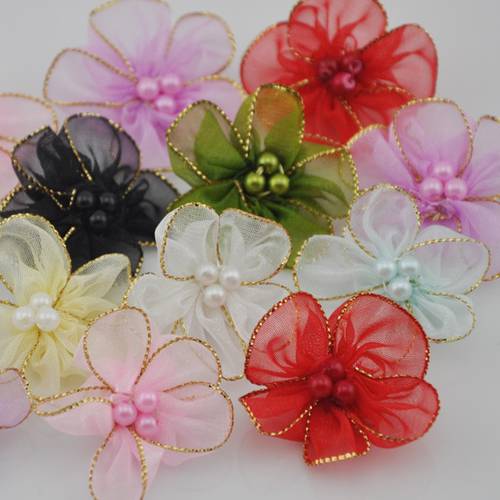 20pcs Organza Ribbon Flower w/Pearl Appliques/craft/Wedding decoration Lot mix B027