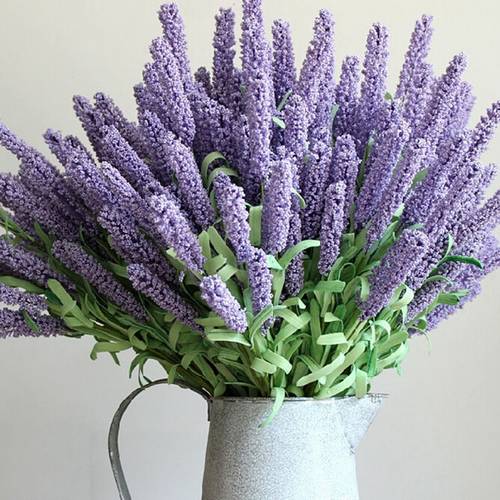 12Heads/Bouquet Romantic Provence Artificial Flower Purple Lavender Bouquet With Green Leaves For Home Party Decorations