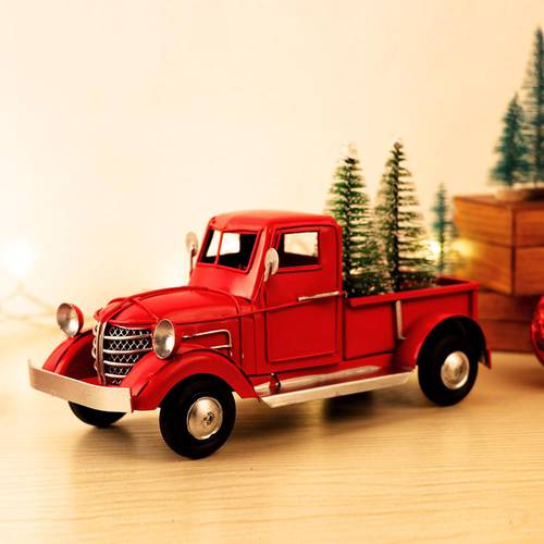 Red Truck Model Christmas Desktop Decoration Kids Party Gifts Vintage Metal Car Ornaments Office Home Decoration 17cm