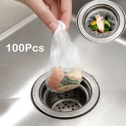 100Pcs Disposable Kitchen Sink Strainer Bag Shower Sink Hair Rubbish Storage Mesh Bag Sewer Water Filter for Home Restaurant U3