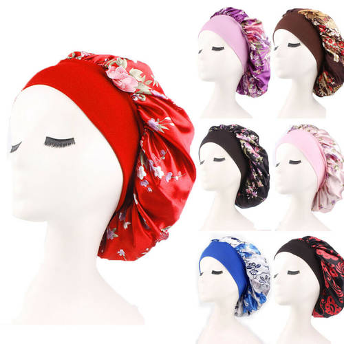 New Fshion Women Satin Night Sleep Cap Hair Bonnet Hat Silk Head Cover Wide Elastic Band Shower Caps Home Bathroom Accessories