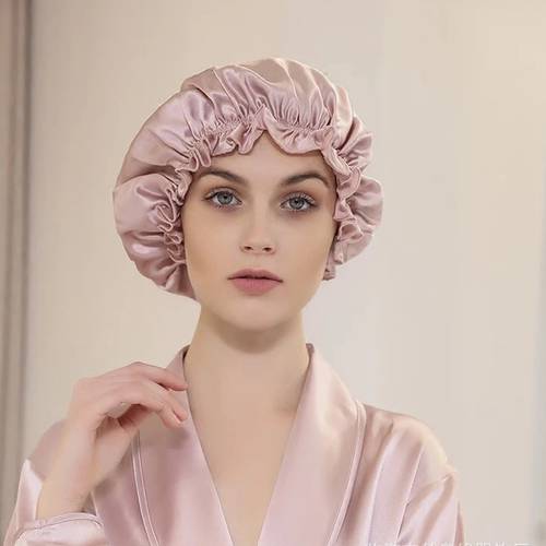 100% Silk Pink Universal Size Sleeping Cap Night Cap Night Wrap Head Cover for Hair Care Elastic Band Shower Cap