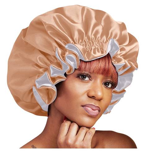 New Women Big Size Beauty Satin Lined Bonnet Women Beauty Satin Silk Bonnet Sleep Cap Hat for For Curly Springy Hair Black