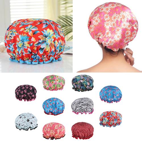Reusable Waterproof EVA Plastic Lace Elastic Band Flower Printed Hat Bath Caps Hair Protection Adult Bath Accessories