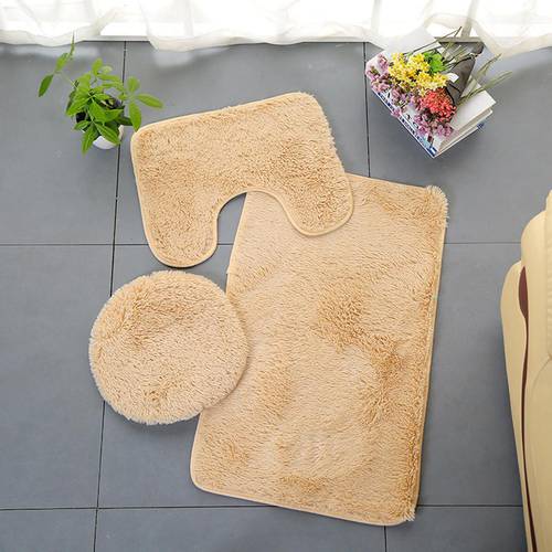 3Pcs Bathroom Anti-slip Solid Color Carpet Floor Mat Toilet Cover U-Shape Pad