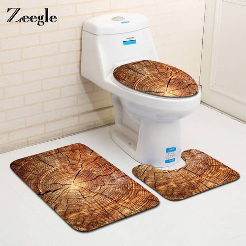 Zeegle Tree Rings Printed 3Pcs Bathroom Bath Mats Set Toilet Carpets Coral Fleece Lid Toilet Seat Cover Pedestal Rug Shower Pad
