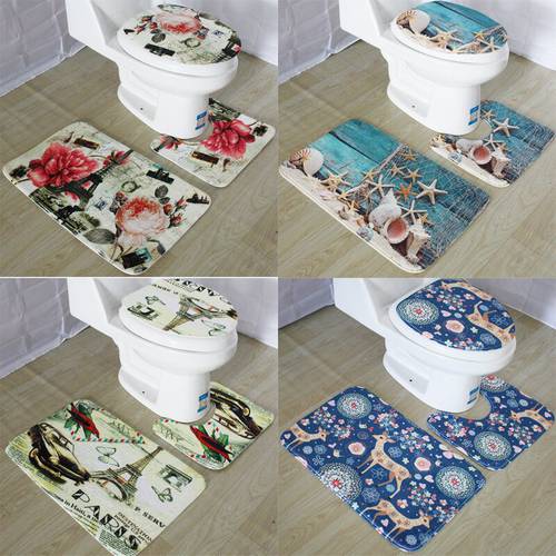 Bathroom Carpet Toilet Three-piece Ocean World Floor Mat Set Bathroom Floor Mat Absorbent Pad Undersea pattern Bathroom Rugs Set