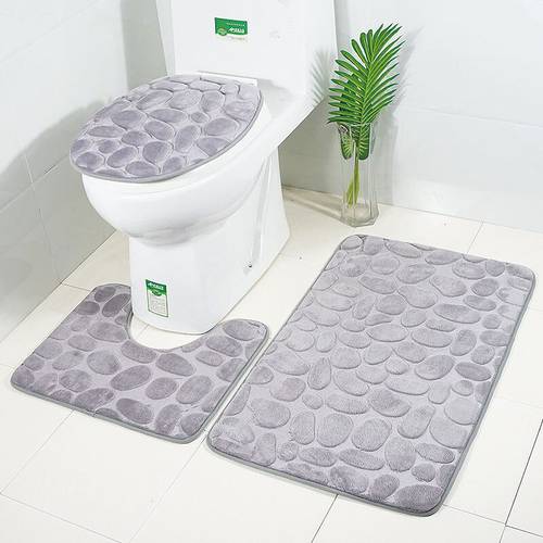 Bath Mat Set Pedestal Toilet Lid Cover Non Slip Absorbent Soft Bathroom Rug 3Pcs
