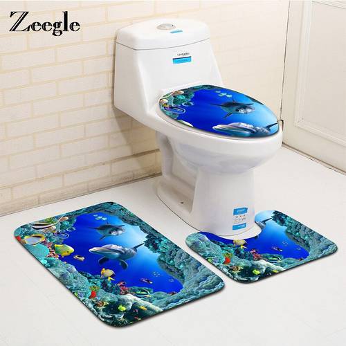 Zeegle Sea World Printed 3pcs Non-slip Bath Mats Bathroom Toilet Rugs Set Coral Fleece Bathroom Floor Mats Washable Toilet Cover
