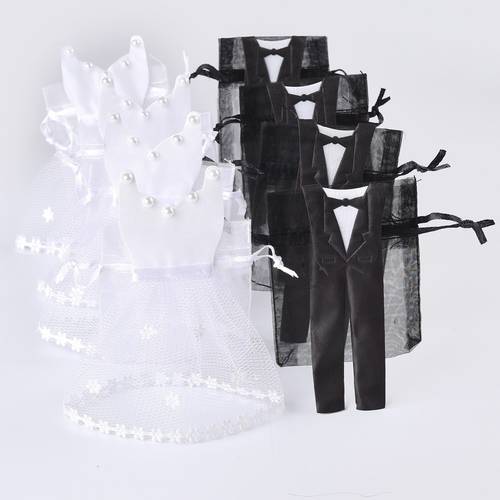 50 Pieces Organza Drawstring Candy Bag 25* Tuxedo & 25* Dress Bride Groom Wedding Favors Party Gift Bag WB06