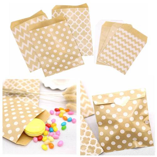 Kraft Paper Bag Candy Biscuit Popcorn Bag Brown White Wave Dot Packing Pouch Pastry Tool Wrapping Wedding Party Supplies 10pcs