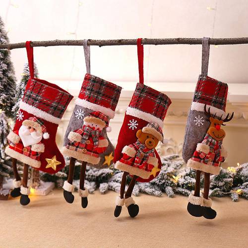 Christmas Stockings Santa Claus Sock Cartoon Printing Burlap Christmas Gift Bags Fireplace Ornaments for Xmas Party Decorations