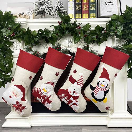 Christmas Stockings Fabric Santa Claus Sock Gift Kids Candy Bag Snowman Deer Pocket Xmas Decoration For Christmas Tree Ornaments