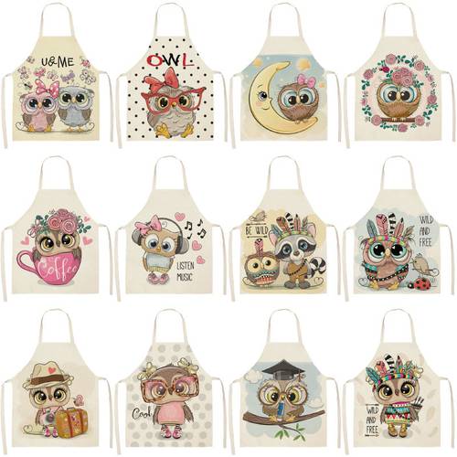 Cute Owl Kitchen Women Apron Household Cleaning Cotton Linen Pinafore Salon Home Cooking Baking Adult BIb 46257A
