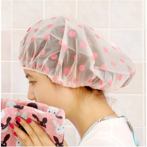 Dot Waterproof Shower Cap Thicken Elastic Bath Hat Bathing Cap for Women Hair Salon Bathroom Products Color Random 1PCS