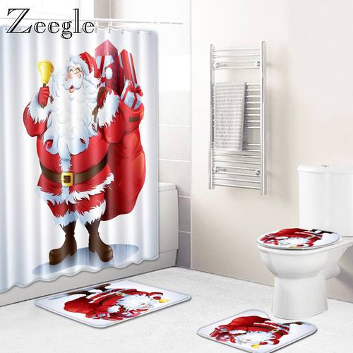 Zeegle Christmas Bath Mat Set New Year Curtain for Toilet Decoration Anti-slip Shower Mat Toilet U Type Rug Water Absorption Mat