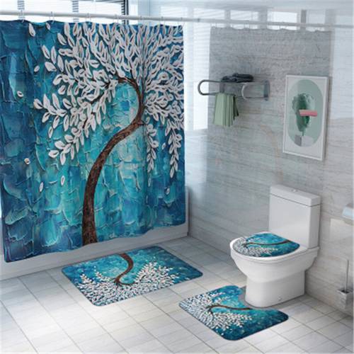 Bathroom Mat Set Non-slip Print Flower Bath Mat Coral Fleece Shower Curtain Floor Mat Washable Bathroom Toilet Rug