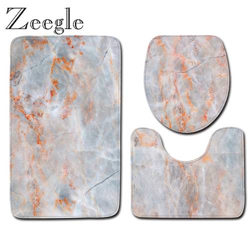 Zeegle 3Pcs Carpet Bathroom Non-Slip Bath Mat Set Toilet Mat Floor Rug Seat Cover Carpet Marble Pattern Bath Mats