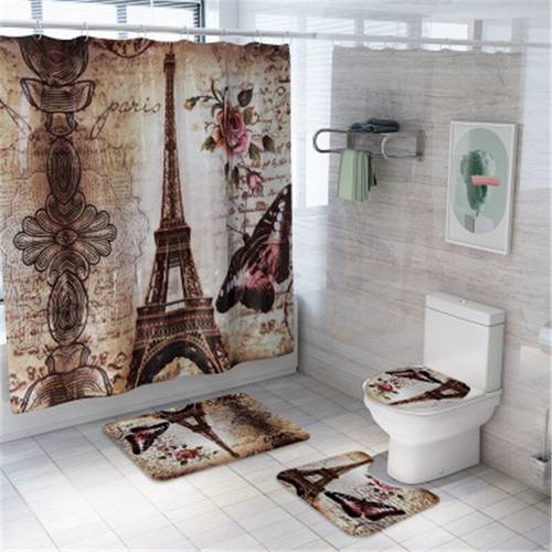 4Pcs/set Bathroom Mat Set Eiffel Tower Print Bath Mat Shower Curtain Non-slip Floor Mat Washable Bathroom Toilet Rug