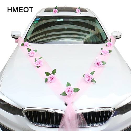 Homemade DIY Artificial Flower White Wedding Car Decoration Door Handle Ribbons Silk Corner Flower Galand With Tulle Gifts Set