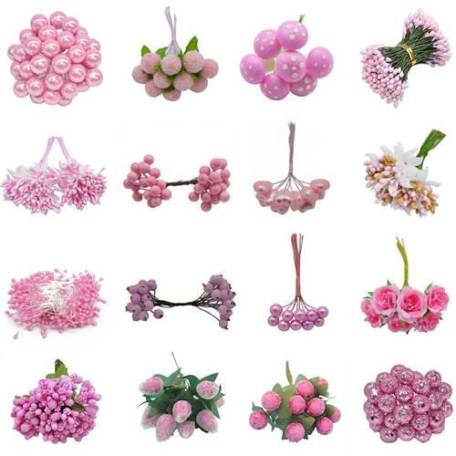 Mixed Pink Plant Flower Cherry Stamen Berries Bundle DIY Christmas Wedding Cake Gift Box Wreaths Decor