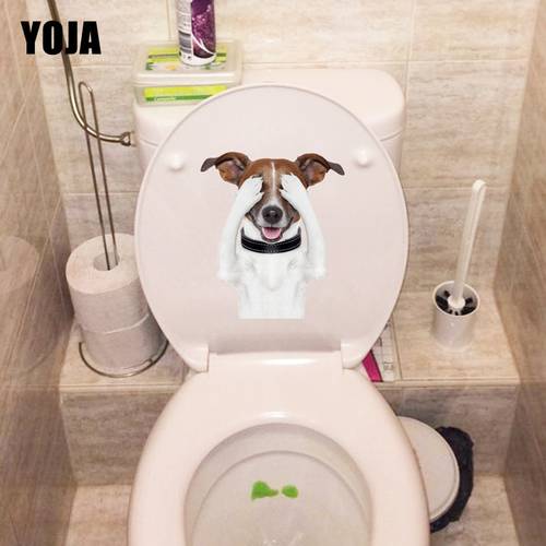 YOJA 17.5*20.3CM Cover The Eyes Of Happy Dog Toilet Sticker Room Wall Decals Decor T1-0273