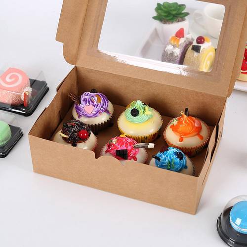 10Pcs Bread Box Kraft Paper Cupcake Box Bakery Cake Container With Display Window Dessert Storage Boxes Party Gift Case