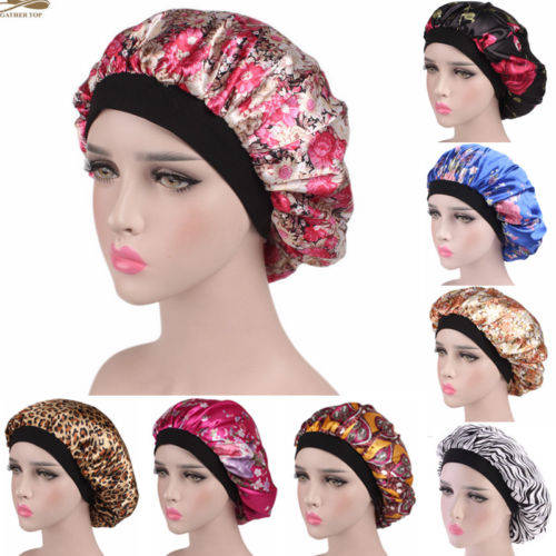 2022 New Hot Fashion Women Satin Night Sleep Cap Hair Bonnet Hat Silk Head Cover Print Wide Elastic Band