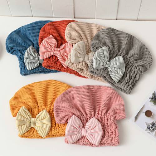 1pcs Women Dry Hair Towel Quick-drying Hair Cap Super Absorbent Shower Caps with Bowknot Coral Velvet Bath Accessories