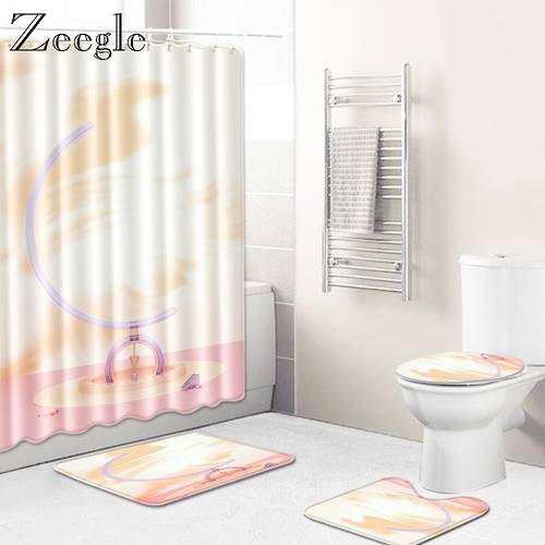 Zeegle Colorful 4Pcs Bath Mat Set Anti Slip Carpet Waterproof Shower Curtain Toilet Seat Cover Absorption Toilet Mat Modern Rug