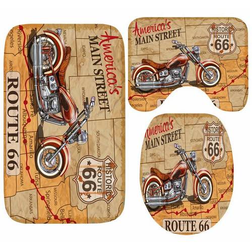 Old American Vintage Route 66 Motorcycle Poster Floor Mat for Toilet Route 66 Bathroom Rugs Carpet Shower Room Cover Bath Mats
