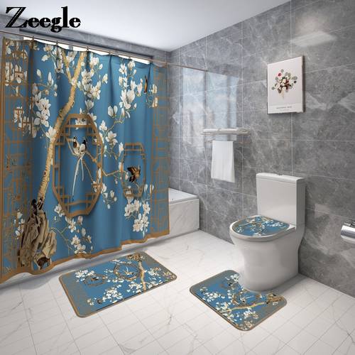 Traditional Scenic Bath Mat and Shower Curtain Set Microsoft Bathroom Carpet Flannel Toilet Seat Cover Mat Bathroom Floor Rug