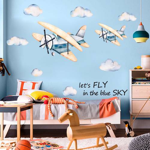 Fly in the sky Wall Stickers for Kids room Bedroom Eco-friendly Vinyl Wall Decals Cartoon Airplane Wall Murals Home Decoration